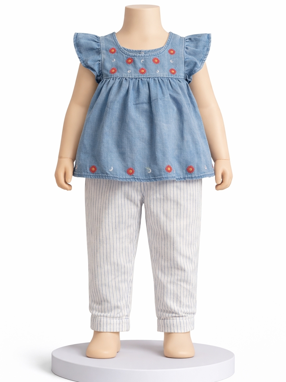 OshKosh B'gosh Light Blue Chambray Floral-Embroidered Top and Striped Pants Set